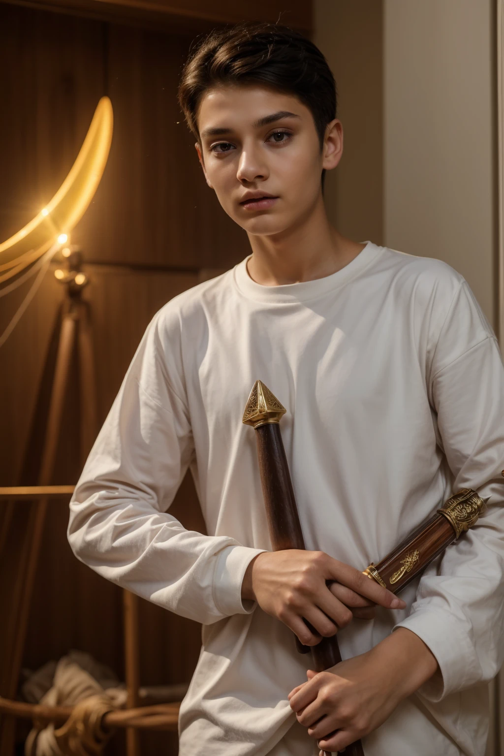 A cute, beautiful twink male with black hair and a red face with makeup. He is wearing a white long-sleeved shirt and brown pants. He is a leader and he is on the great battlefield. He is carrying his golden sword and is looking in amazement.