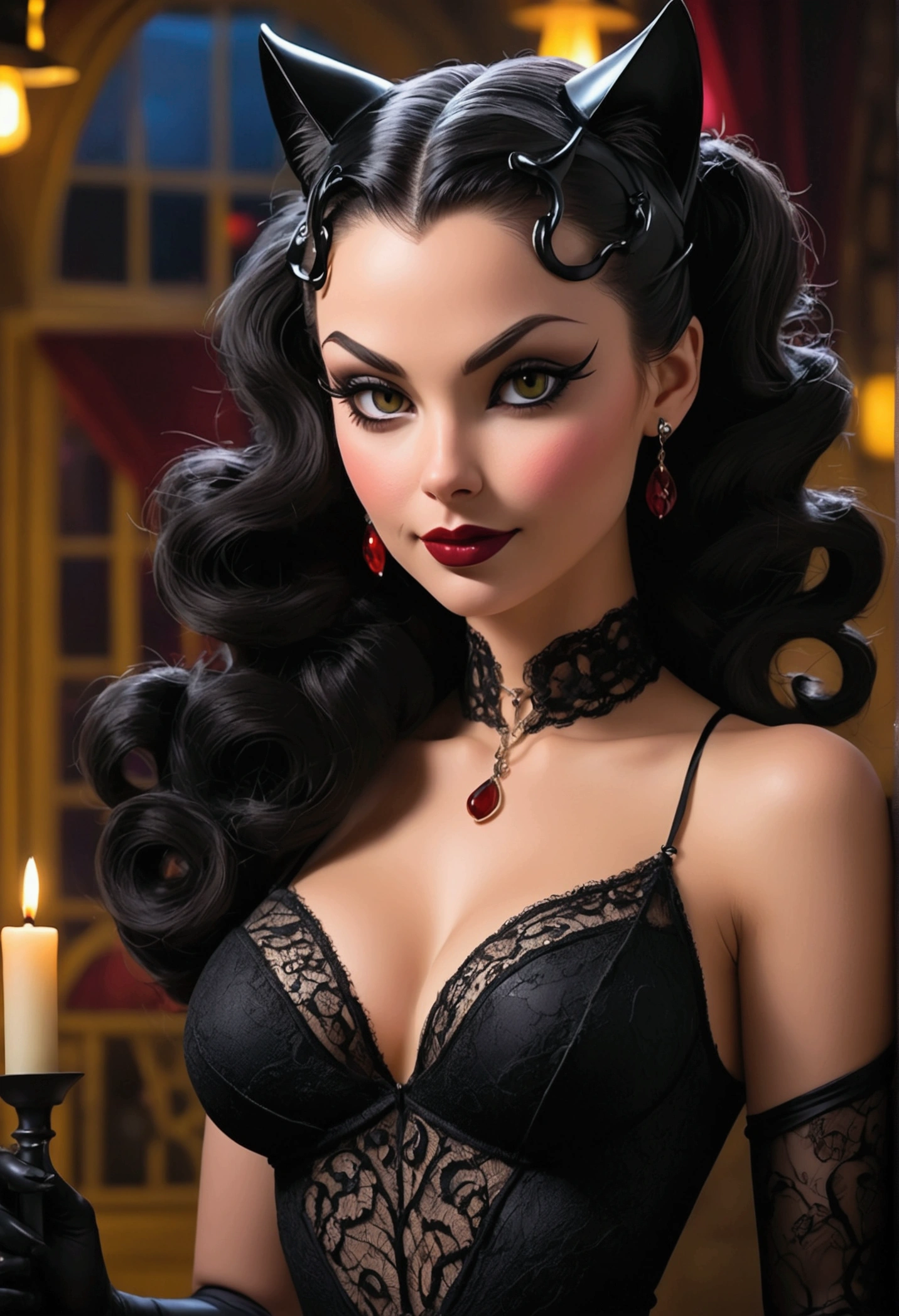Full body shot Andra Gogan catwoman, ringlets wavy five feet long black hair, updo hairstyle with ponytail on one side and long hairpins holding the bun long braid, strong thighs, dark red glossy lips, heavy black eye shadow long black eyeliner, long sharp claws, black lace beautiful and creative catwoman bodysuit with no jewels, huge cleavage, clear ears no earrings, no earrings, no earrings, no earrings, no jewels, beautiful forehead lace ornament, posing in a feminine catwoman den, happy expression, dark ambience night time candle lights. No faces on her chest!