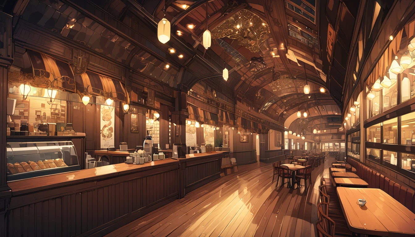 ghibli style, super large cafe, shining, bright, elaborate, ultra high definition, There&#39;s music playing in the cafe., modern interior, Inside the cafe, an 18-year-old girl with short hair and an 18-year-old girl with long pink hair are studying together, and the barista is making coffee.