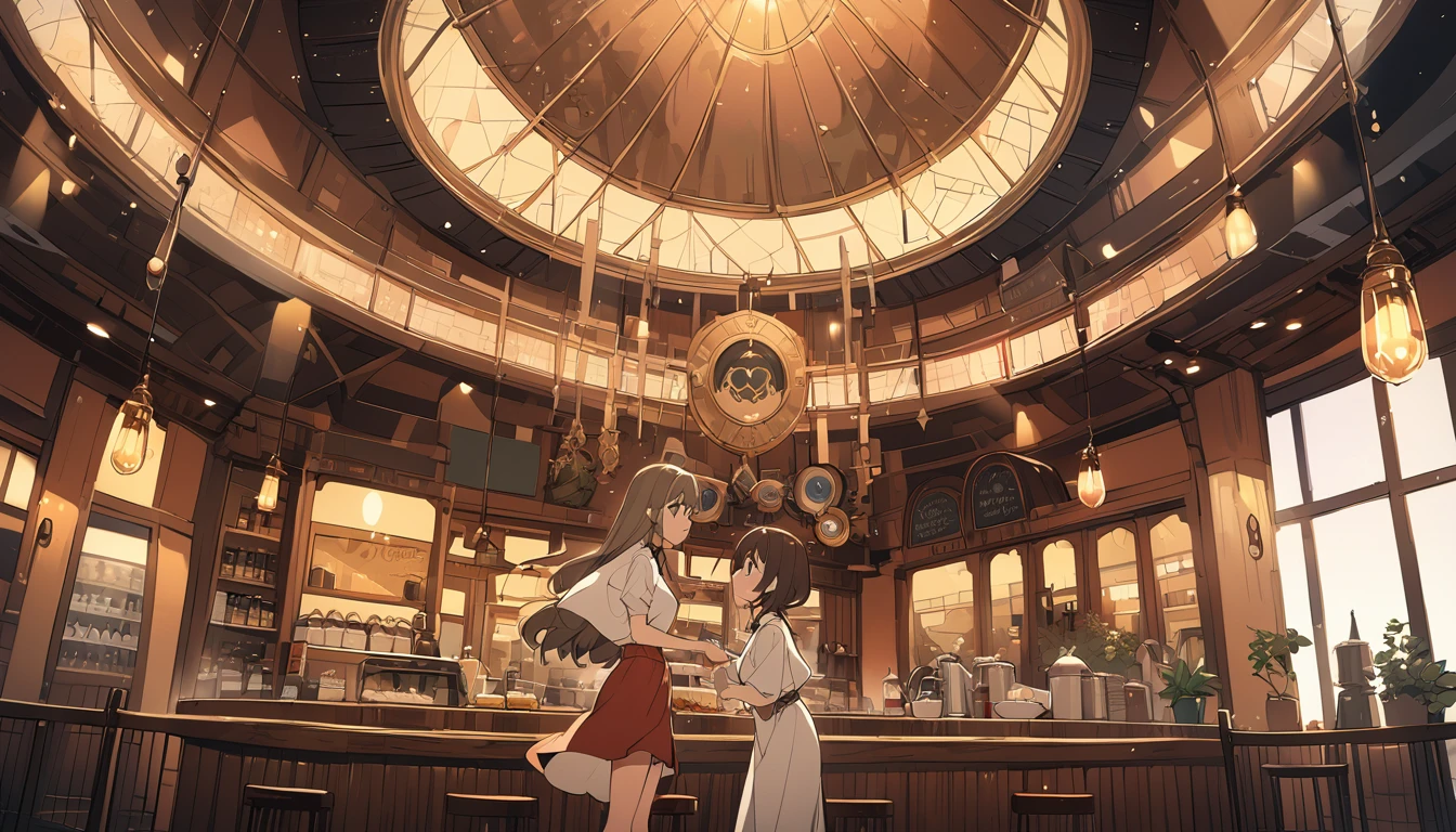 ghibli style, super large cafe, shining, bright, elaborate, ultra high definition, There&#39;s music playing in the cafe., modern interior, Inside the cafe, an 18-year-old girl with short hair and an 18-year-old girl with long pink hair are studying together, and the barista is making coffee.