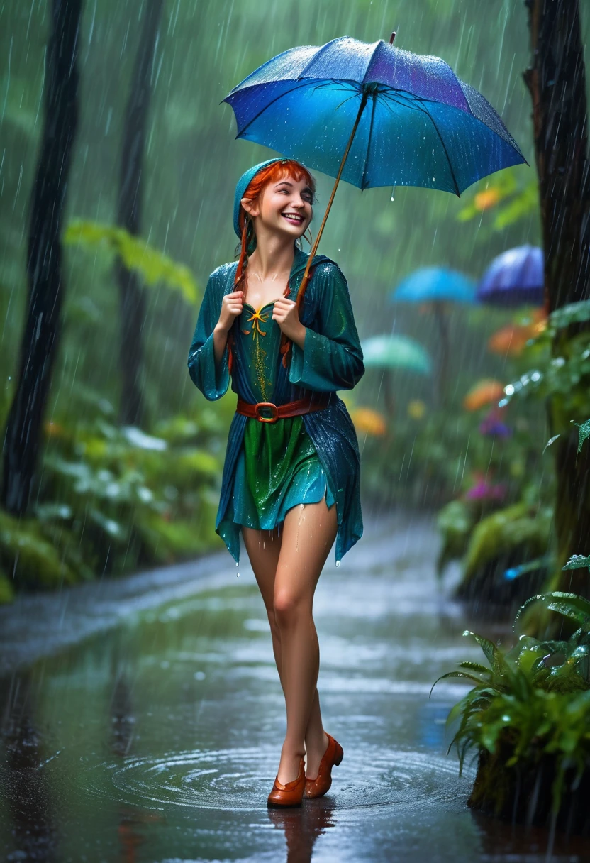 rain is the simplest thing enjoy the smile at the rain , the elf dancing in the rain the rain in blur in the enchanted forest but she is the main character enjoying the rain , unique piece masterpiece 16k work of art amazing colors