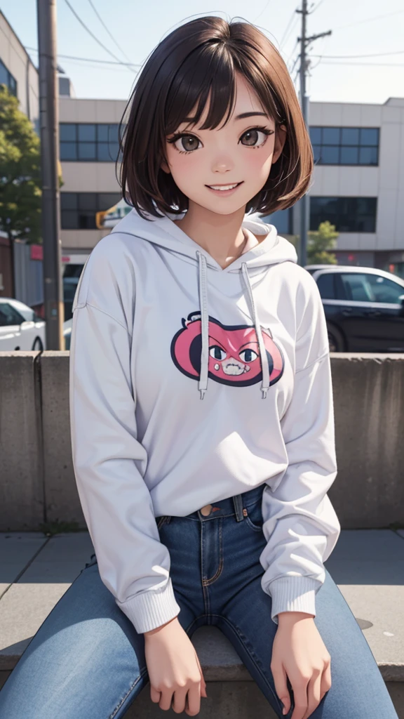 (((masterpiece, best quality, ultra highres, 1 girl, solo, no background))), super detailed skin and face and eyes and finger, beautiful japanese woman, small breasts:1.5, skinny, light brown hair, white background, very short pixie hair, Knee shot, Generate with illustrations, Various expressions, Various poses, Please draw the entire character within the frame, ensuring that the head, arms, and legs are not cut off. The background should be simple, with the character positioned centrally, outline, anime, 2d, boyish, smile showing teeth, spread legs, streetwear, street fashion, hoodie , blue jeans,