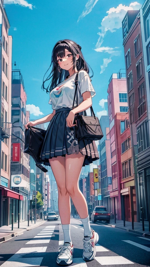 masterpiece Unreal Engine Anime Style Delicate painting 4K 90's giant Multiple Girls crowd Residential Street apartment Apartment 高層apartment街の谷間に立っている巨大な女の子 skirt Big Breasts White T-shirt Summer clothes Short sleeve Private Server sneakers White socks watch Black Hair smile blue sky cumulonimbus Contrail female giant giant girl Whole body Destroyed skyscrapers Destroyed cars Crowd Unreal Engine,cleavage ,a drawing of a , earrings, long hair, 1980s (style) Cute picture Beauty Analog style whole body sneakers