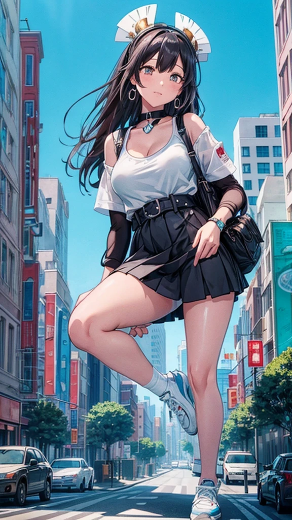 masterpiece Unreal Engine Anime Style Delicate painting 4K 90's giant Multiple Girls crowd Residential Street apartment Apartment 高層apartment街の谷間に立っている巨大な女の子 skirt Big Breasts White T-shirt Summer clothes Short sleeve Private Server sneakers White socks watch Black Hair smile blue sky cumulonimbus Contrail female giant giant girl Whole body Destroyed skyscrapers Destroyed cars Crowd Unreal Engine,cleavage ,a drawing of a , earrings, long hair, 1980s (style) Cute picture Beauty Analog style whole body sneakers