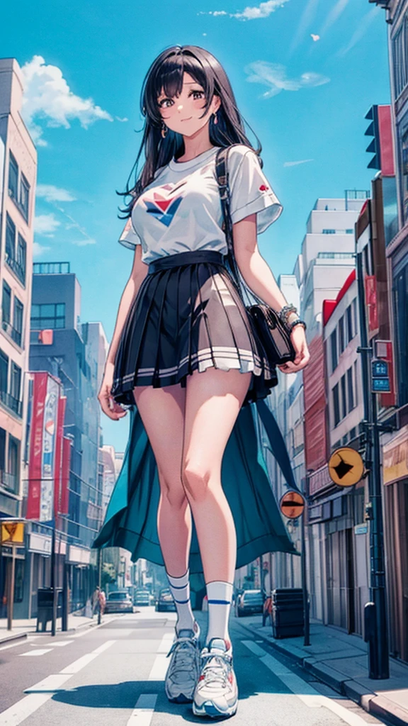 masterpiece Unreal Engine Anime Style Delicate painting 4K 90's giant Multiple Girls crowd Residential Street apartment Apartment 高層apartment街の谷間に立っている巨大な女の子 skirt Big Breasts White T-shirt Summer clothes Short sleeve Private Server sneakers White socks watch Black Hair smile blue sky cumulonimbus Contrail female giant giant girl Whole body Destroyed skyscrapers Destroyed cars Crowd Unreal Engine,cleavage ,a drawing of a , earrings, long hair, 1980s (style) Cute picture Beauty Analog style whole body sneakers