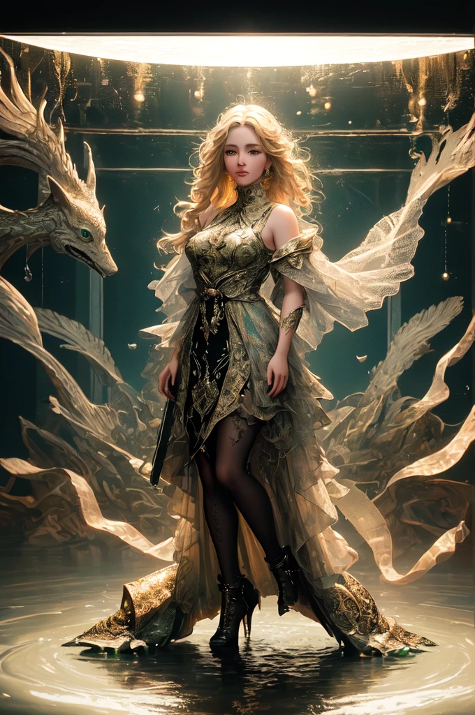 Immerse yourself in the elegance and sophistication of a beautiful blonde girl with sparkling green eyes captivating. Use 3D and 8K Octane display to create a highly realistic depiction of her detailed face. Intricate fine details and seamless display style, Along with Studio De Cinematic Lighting, This artwork will make a real masterpiece. Be ready to splash on ArtStation as you become a leader in the digital art community,(full body:1.3),