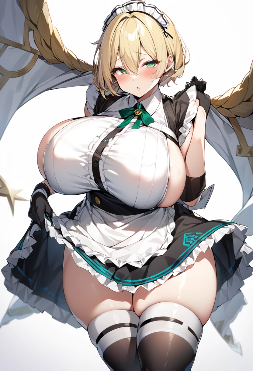 (One girl)、bob cut、flipped hair、((Blonde))、slan eyes、((Big super breasts))、(Chubby)、beautiful girl、[Big thighs] 、green eye、(Maid clotheini skirt)、No sleeve、White sleeveless、((hairs between eyes))、((thigh-high socks thighhighs))、(long gloves)、say、White Background、