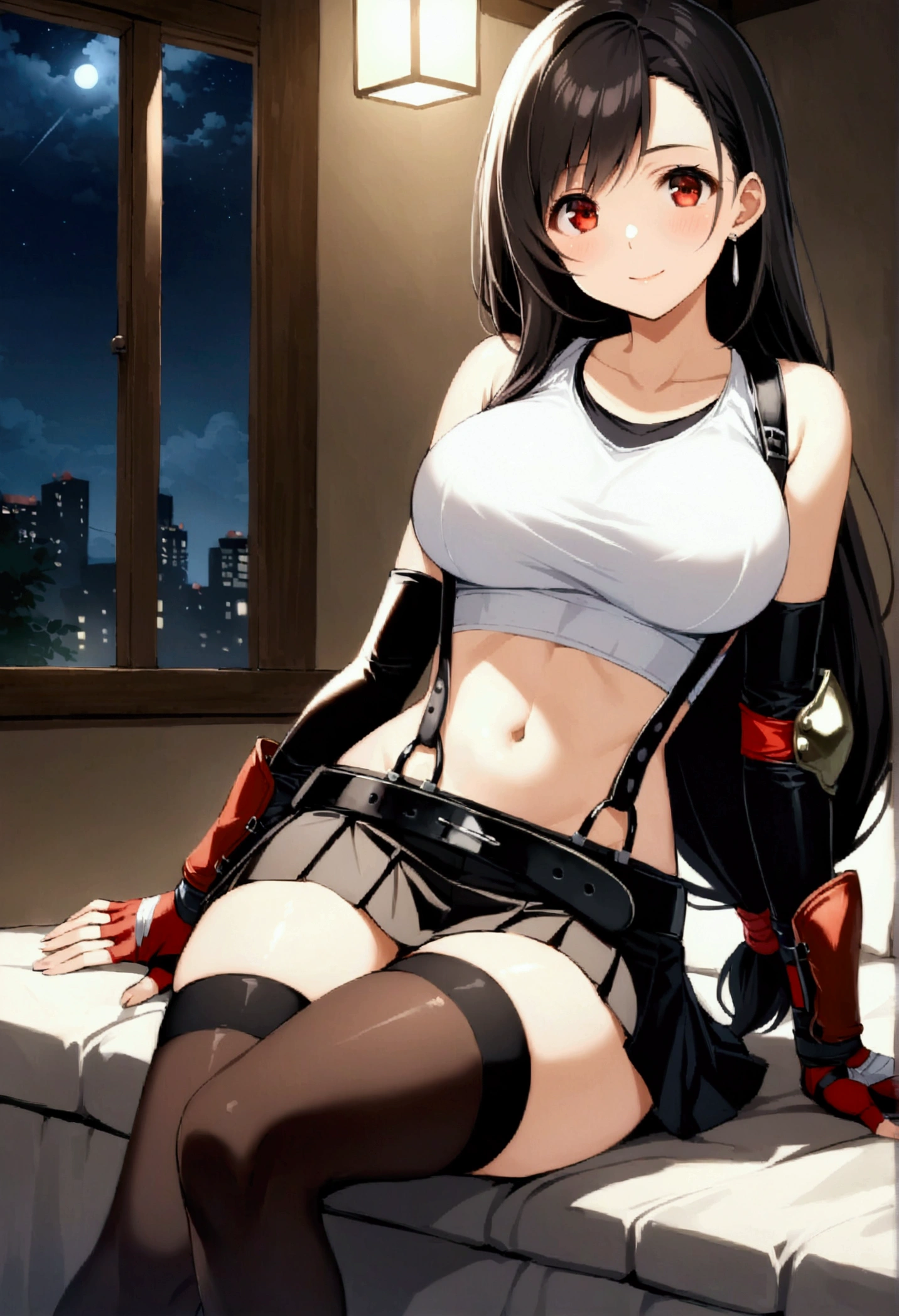 score_9, score_8_up, score_7_up, ,(from front.front_view ,(soro focus),sitting,leg crossed,(mediumshot:1),looking_at_viewer ,1girl, tifa lockhart, final fantasy,tareme,black hair, low-tied long hair, red eyes, bangs, white tank top, belt, pleated skirt, thighhighs, elbow fingerless gloves, elbow pads, midriff, navel,suspender skirt . ,(large_breasts),,(light smile),,,Solo,,nighttime,indoor,(masterpeace),(best quality),(aesthetic,very aesthetic),HDR,professional lighting,cinematic lighting,