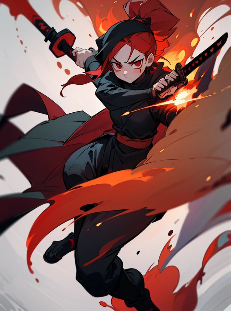 A girl with red hair and short red eyes with a face like her clothes are a white ninja and black lines, she wears a swirling bandana and uses a katana covered in fire full body destruction wallpaper along with ninjas in conrrandola 