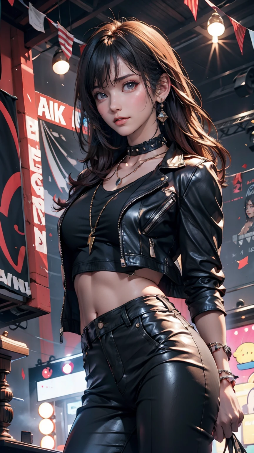 Girl wearing a spiked collar、24 year old Caucasian female、Sexy proportions、Punk rock fashion、Black Shirt、Leather jacket、Leather leggings、Flashy makeup、long hair、rosary necklace、rosary earrings、Put a spiked bracelet on your wrist、Rock Festival Venues、Lively performances