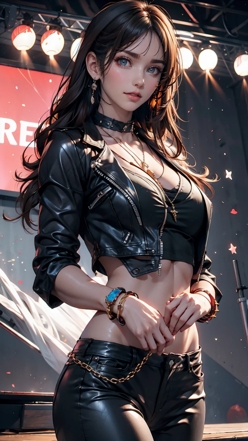 Girl wearing a spiked collar、24 year old Caucasian female、Sexy proportions、Punk rock fashion、Black Shirt、Leather jacket、Leather leggings、Flashy makeup、long hair、rosary necklace、rosary earrings、Put a spiked bracelet on your wrist、Rock Festival Venues、Lively performances