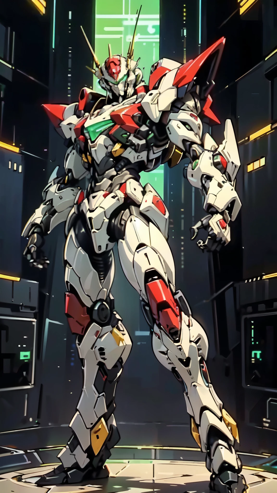 (masterpiece:1.5, best quality:1.5, extremely delicate:1.5, foreshortening:1.5, dynamic angle:1.5), a man wearing a full-face helmet, a fantasy-style biotech armored combat suit, green eyes, (a composite layered chest armor), fully enclosed shoulder guards, matching arm and leg guards, the belt is adorned with neon circuitry, (the color scheme is primarily white with red green accents), the design balances heavy with agility, a high-tech bio-mecha armor, (Armor Concept Inspired by neon Cyberpunk, stand on the top of a skyscraper in a futuristic sci-fi city), this character embodies a finely crafted fantasy-surreal style armored hero in anime style, exquisite and mature manga art style, (element, plasma, energy, the armor glows), ((male:1.5)), metallic, high definition, highres, ultra-detailed, ultra-fine painting, professional, perfect body proportions, golden ratio, anatomically correct, symmetrical face, extremely detailed eyes and face, high quality eyes, creativity, RAW photo, UHD, 32k, Natural light, cinematic lighting, masterpiece-anatomy-perfect