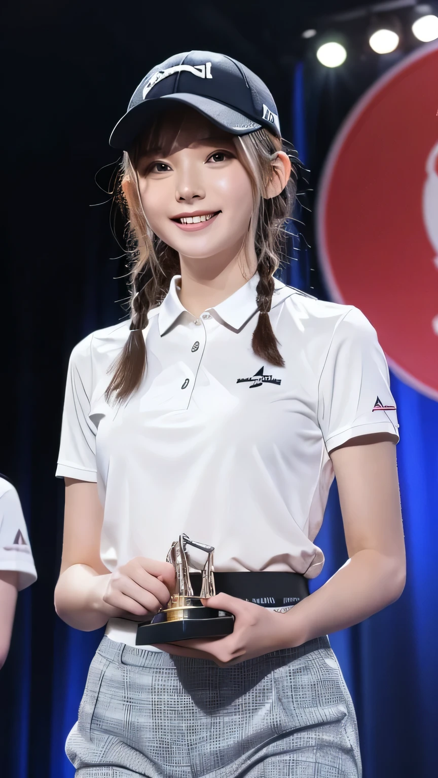 Best picture quality (8K, high resolution, Masterpiece: 1.2), super detailed, 215 Short Hair,Three braids long hair, 26-year-old woman,
Situations in which benefits can be obtained: After much effort, he won the tournament、Sharing the joy of victory。
detailed:
angle: A professional female golfer holding up a trophy、Shooting on stage。Her face shows a sense of accomplishment and gratitude.。
clothing: Golf wear for the championship ceremony、cap、Golf shoes。
atmosphere: The golf course is filled with cheers of celebration、Scenes filled with joy and excitement。
, Active Pause ,
Beside her、The thunder danced。
Focus on the waist above
, random cute pose ,big eyes ,Puffy eyes , Heart Pupil, blush , huge shy smile , salute