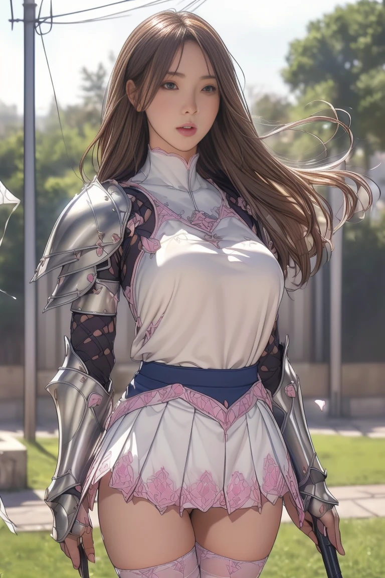 Very beautiful woman、Slender women、(Detailed face)、Realistic Skin、((Holy Knight)), ((Pink and navy platinum armor))、((((Extremely detailed and intricately decorated armor:1.1))))、((Delicate photo)),(Heretic Inquisitor Suga:1.9, RAW photo details:1.25), (Highest quality:1.6), (Ultra-high resolution:1.5), (Realistic:1.75), 8K resolution, Canon EOS R5, 50mm, Absurd, Very detailed,Cinema Lighting,((Fightfield))、((Fight))、(((Ultra-micro mini skirt with white lace)))、Polka dot panties:1.5,,High leg panties:1.2,Thigh-high socks、Shingard、((Light brown hair)), {Floating Hair} ,Long Hair, Cape、(((Has a huge weapon)))、(In combat)、The wind is blowing、((Symmetrical armor))、(((Lead a large group of knights:1.2)))、banner、(((Battle Scenes)))、((Browsing Caution:1.2))、(((I can see her panties:1.4)))、、((The hem of a skirt fluttering in the wind:1.4)),In the park with a fountain:1.9,