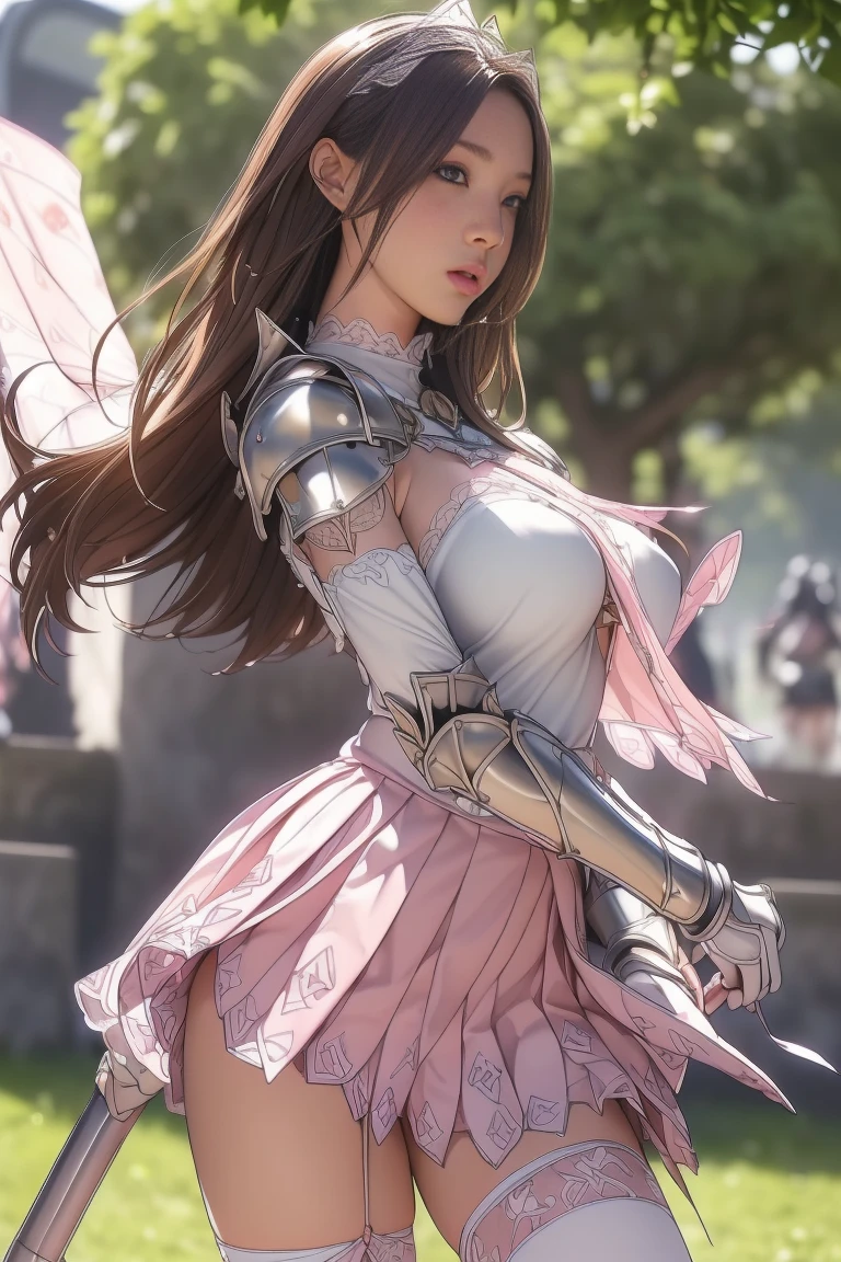 Very beautiful woman、Slender women、(Detailed face)、Realistic Skin、((Holy Knight)), ((Pink and navy platinum armor))、((((Extremely detailed and intricately decorated armor:1.1))))、((Delicate photo)),(Heretic Inquisitor Suga:1.9, RAW photo details:1.25), (Highest quality:1.6), (Ultra-high resolution:1.5), (Realistic:1.75), 8K resolution, Canon EOS R5, 50mm, Absurd, Very detailed,Cinema Lighting,((Fightfield))、((Fight))、(((Ultra-micro mini skirt with white lace)))、Polka dot panties:1.5,,High leg panties:1.2,Thigh-high socks、Shingard、((Light brown hair)), {Floating Hair} ,Long Hair, Cape、(((Has a huge weapon)))、(In combat)、The wind is blowing、((Symmetrical armor))、(((Lead a large group of knights:1.2)))、banner、(((Battle Scenes)))、((Browsing Caution:1.2))、(((I can see her panties:1.4)))、、((The hem of a skirt fluttering in the wind:1.4)),In the park with a fountain:1.9,