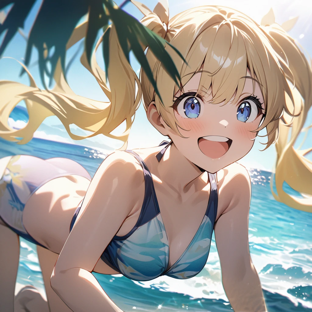 Highest quality, masterpiece, Blonde,Dark blue eyes,Twin tails,Double exposure, The best smile, Excited, Swimwear, Ocean,Ocean水浴, sunlight