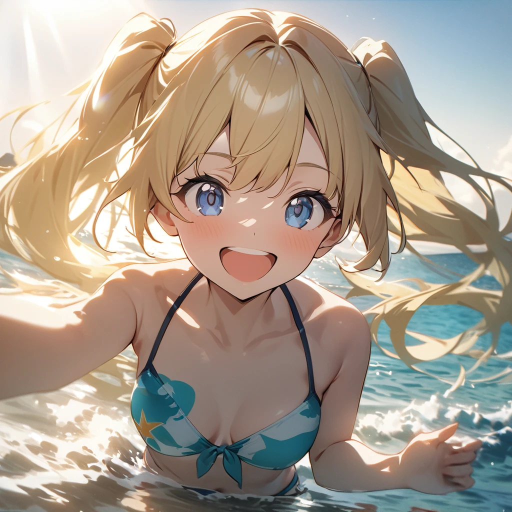 Highest quality, masterpiece, Blonde,Dark blue eyes,Twin tails,Double exposure, The best smile, Excited, Swimwear, Ocean,Ocean水浴, sunlight