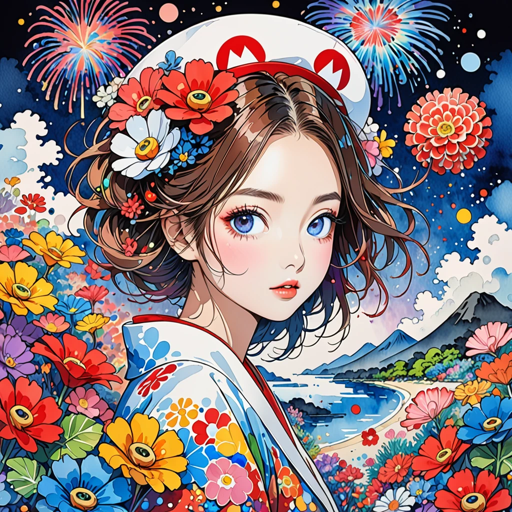 Takashi Murakami style、(((stylishなファッション))), 8K quality、Intense watercolor, detailedな水彩アート, Watercolor splash, Surreal, Avant-garde pop art, Beautiful and expressive paintings, Beautiful artwork illustration, Very colorful tones, wonderful, Cool Beauty, Highest quality、Official Art, Vector art, stylish design, (((最も美しい少女Mario Cosplay))), (((Highest quality))), High resolution, ((detailed)), (((Doodle Art)), ((masterpiece)), ((Super detailed)), (((Colorful flowers))),(((stylish))), Simple line initials,Abstract art,Urban Background, Colorful Hearts ,(((The most beautiful girl of all time))), Microphotography, Mario Cosplay, Vibrant rainbow river, Fireworks in the night sky, Colorful coral reefs, detailed illustration, Ukiyo-e style