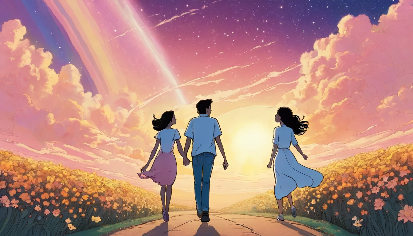 Create an illustration in the style of a cartoon. The scene symbolizes new hope and moving forward into the future. In the foreground are a young man and woman advancing hand in hand. They have determined expressions on their faces and are walking toward the future.

The young man has short black hair and wears a casual white shirt and blue jeans. The young woman next to him has long hair blowing in the wind and is wearing a pale pink dress. She is smiling and looking at him with hopeful eyes.

In the background is a beautiful sky at the moment of dawn. The sun is beginning to rise and the sky is tinged with shades of orange and pink. In the distance, we see a shining future with a rainbow as a symbol of hope.

On the horizon is a door to the future, and beyond the door is a shining new world. They are taking one step at a time toward that door, and their footprints continue on the path.

The stars are still shining in the sky, depicting the dream they vowed to each other under the stars. Around them, flowers are blooming and swaying in the wind. The overall mood should convey hope, determination, and progress toward the future. The illustration symbolizes the story of two people overcoming any challenges and moving forward into the future.