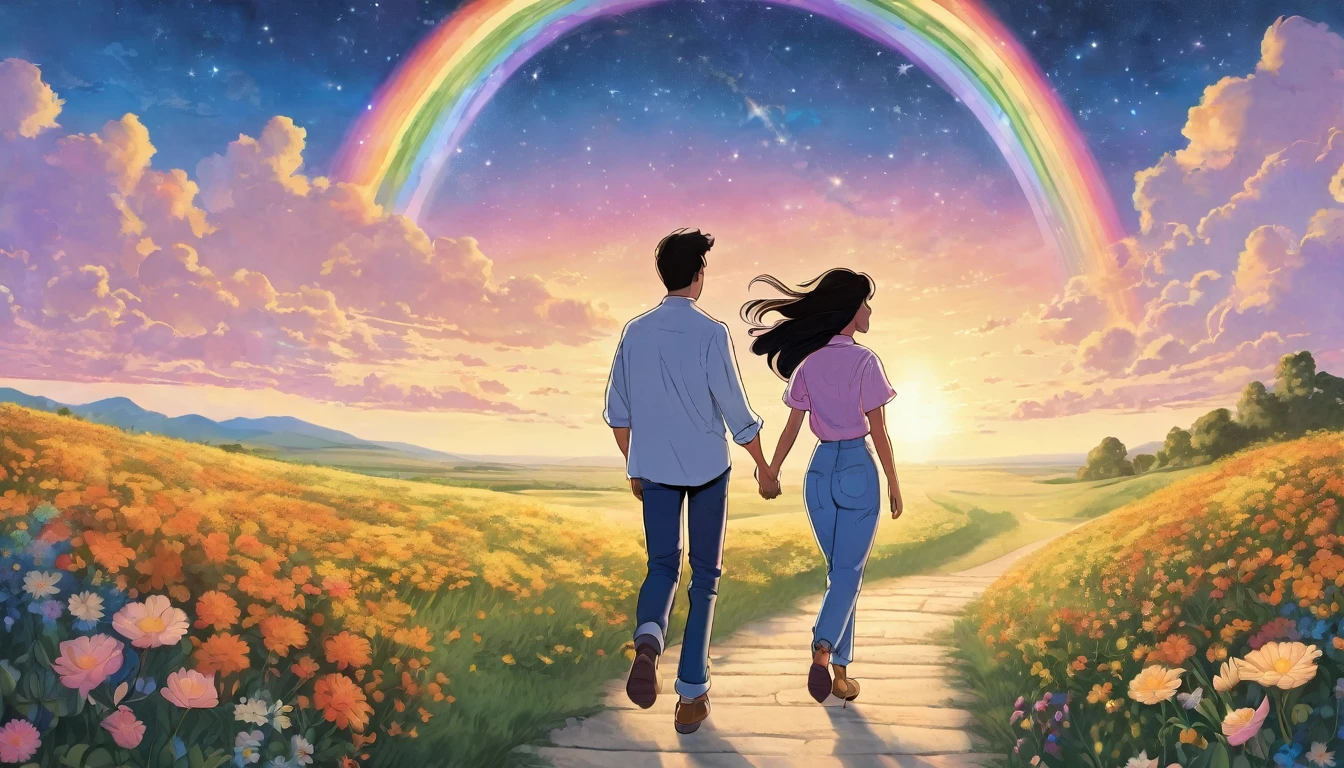 Create an illustration in the style of a cartoon. The scene symbolizes new hope and moving forward into the future. In the foreground are a young man and woman advancing hand in hand. They have determined expressions on their faces and are walking toward the future.

The young man has short black hair and wears a casual white shirt and blue jeans. The young woman next to him has long hair blowing in the wind and is wearing a pale pink dress. She is smiling and looking at him with hopeful eyes.

In the background is a beautiful sky at the moment of dawn. The sun is beginning to rise and the sky is tinged with shades of orange and pink. In the distance, we see a shining future with a rainbow as a symbol of hope.

On the horizon is a door to the future, and beyond the door is a shining new world. They are taking one step at a time toward that door, and their footprints continue on the path.

The stars are still shining in the sky, depicting the dream they vowed to each other under the stars. Around them, flowers are blooming and swaying in the wind. The overall mood should convey hope, determination, and progress toward the future. The illustration symbolizes the story of two people overcoming any challenges and moving forward into the future.