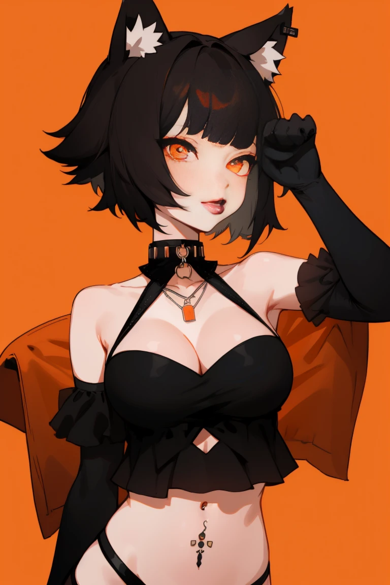 1girl, solo, jewelry, animal_ears, black_lips, short_hair, breasts, black_hair, earrings, makeup, cat_ears, orange_eyes, looking_at_viewer, navel, cleavage, lipstick, bangs, piercing, medium_breasts, collar, upper_body, gloves, elbow_gloves, bare_shoulders, slit_pupils, choker, necklace, midriff, orange_background, strapless, full body