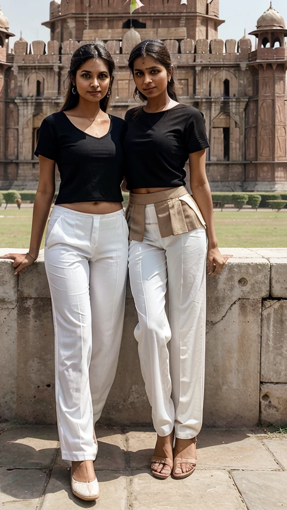 "A couple is sitting in a scenic park. The boy is dressed in a black shirt and white pants, and the girl is wearing a light-colored saree. They are standing in front of the iconic Red Fort, posing happily for a photograph."






