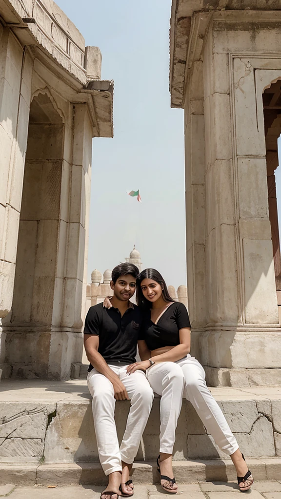 "A couple is sitting in a scenic park. The boy is dressed in a black shirt and white pants, and the girl is wearing a light-colored saree. They are standing in front of the iconic Red Fort, posing happily for a photograph."