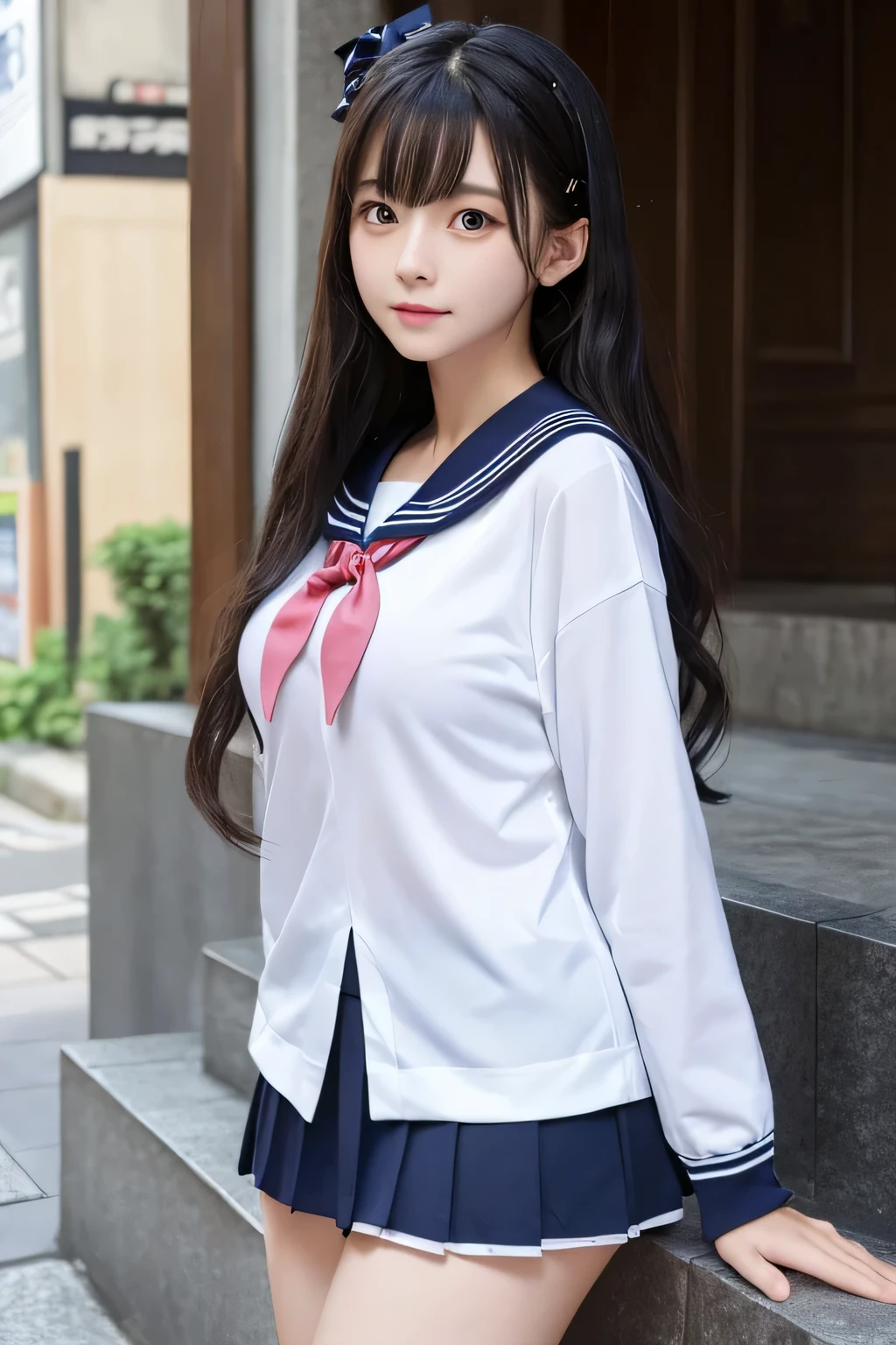 ((Highest quality)), ((masterpiece)), (detailed),
Japanese、Girl、Slim body、serious、Super large breasts、Super big ass、Big black eyes、Black Hair、Hair is waist-length、fun、No bra、Light blue sailor suit、The sailor suit is wet with sweat、The skirt is light blue and very short、Very small white string panties、White knee-high socks、The background is simple、The background is the city、Summer daytime、Are standing