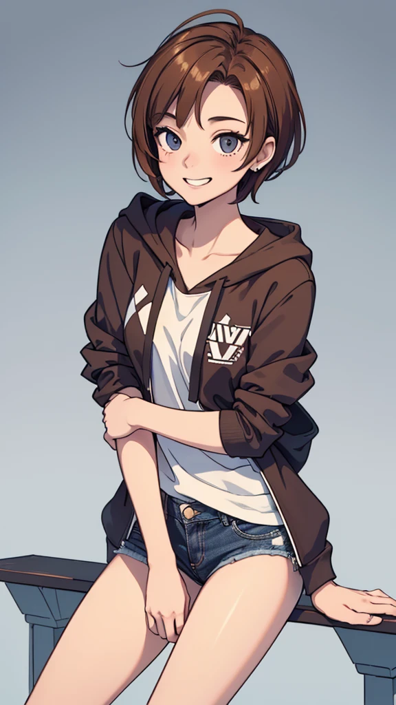 (((masterpiece, best quality, ultra highres, 1 girl, solo, no background))), super detailed skin and face and eyes and finger, beautiful japanese woman, small breasts:1.5, skinny, light brown hair, white background, very short pixie hair, Knee shot, Generate with illustrations, Various expressions, Various poses, Please draw the entire character within the frame, ensuring that the head, arms, and legs are not cut off. The background should be simple, with the character positioned centrally, outline, anime, 2d, boyish, smile showing teeth, spread legs, streetwear, street fashion, hoodie , blue jeans,