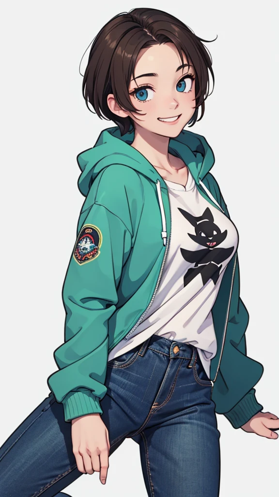 (((masterpiece, best quality, ultra highres, 1 girl, solo, no background))), super detailed skin and face and eyes and finger, beautiful japanese woman, small breasts:1.5, skinny, light brown hair, white background, very short pixie hair, Knee shot, Generate with illustrations, Various expressions, Various poses, Please draw the entire character within the frame, ensuring that the head, arms, and legs are not cut off. The background should be simple, with the character positioned centrally, outline, anime, 2d, boyish, smile showing teeth, spread legs, streetwear, street fashion, hoodie , blue jeans,