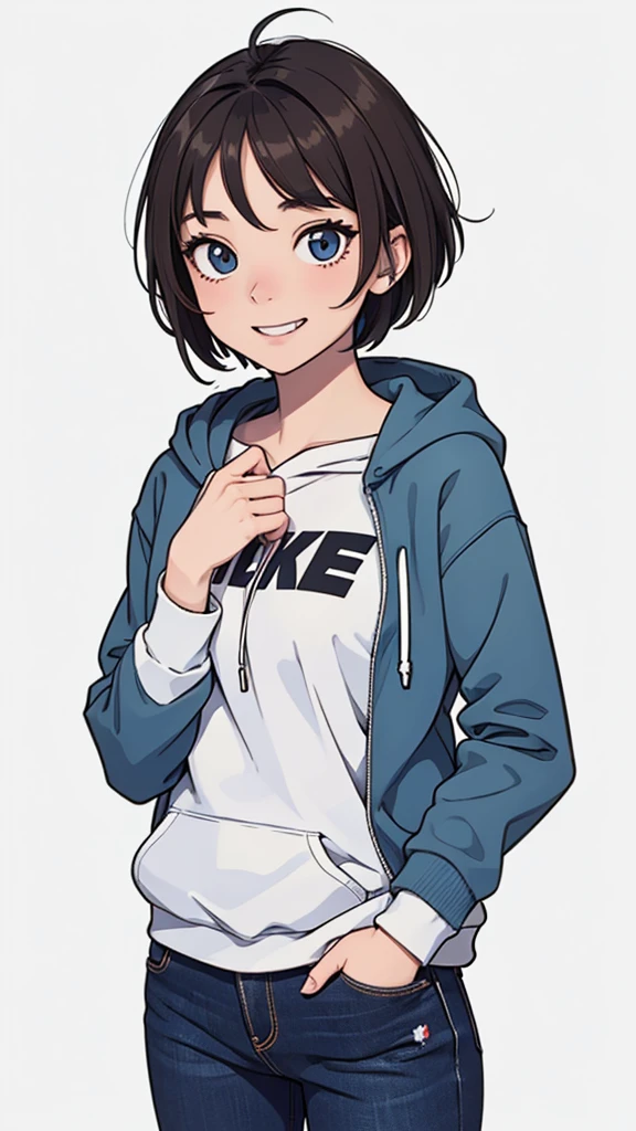 (((masterpiece, best quality, ultra highres, 1 girl, solo, no background))), super detailed skin and face and eyes and finger, beautiful japanese woman, small ???????:1.5, skinny, light brown hair, white background, very short pixie hair, Knee shot, Generate with illustrations, Various expressions, Various poses, Please draw the entire character within the frame, ensuring that the head, arms, and legs are not cut off. The background should be simple, with the character positioned centrally, outline, anime, 2d, boyish, smile showing teeth, ???????????, streetwear, street fashion, hoodie , blue jeans,