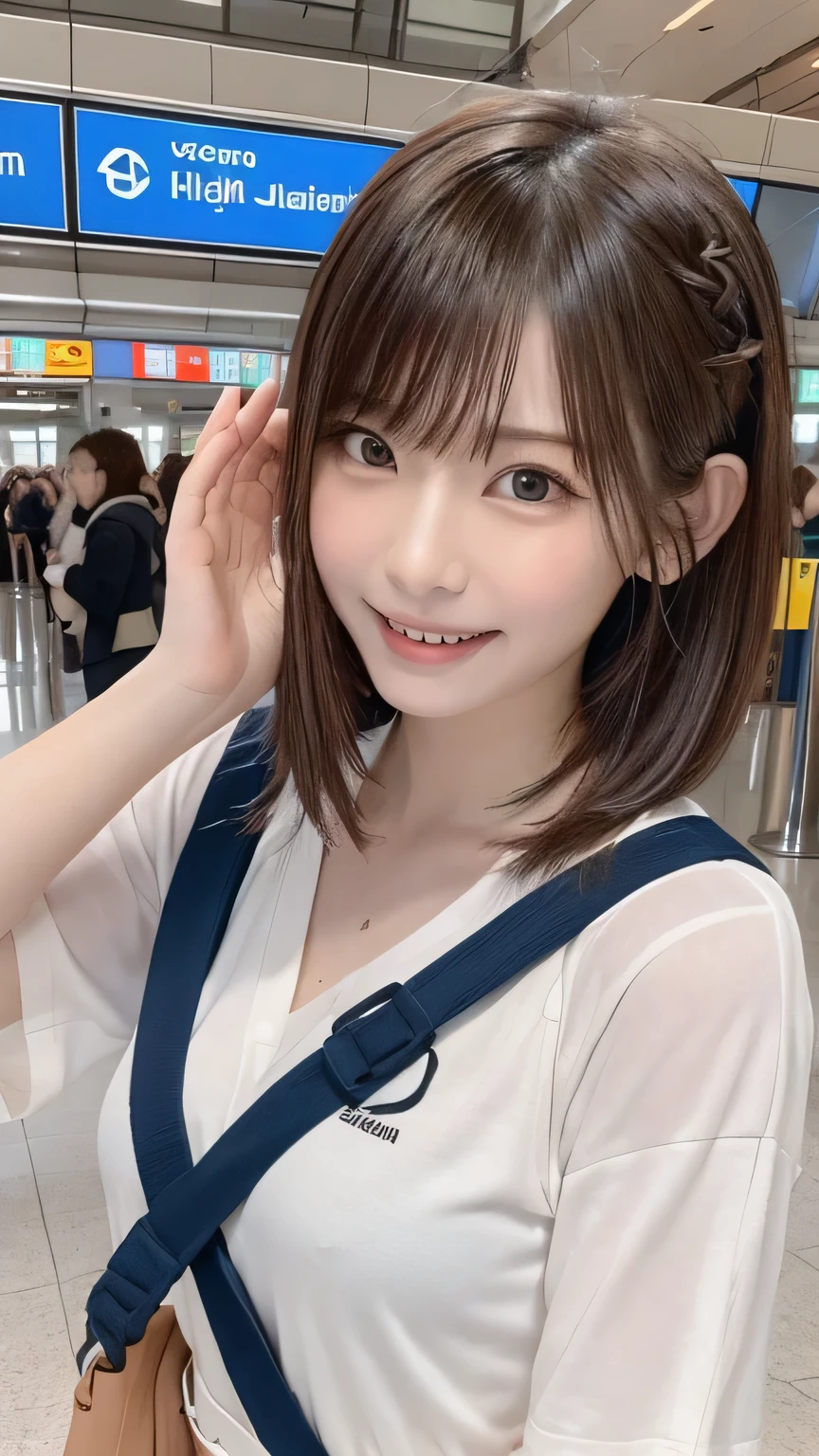Best picture quality (8K, high resolution, Masterpiece: 1.2), super detailed, 215 Short Hair,Three braids long hair, 26-year-old woman,
Return and transformation situations: After the victory、Return to hometown、Blessed by family and friends。
detailed:
angle: Being greeted by family and friends at the airport。Her face shows the joy and relief of being back home.。
clothing: カジュアルなclothing、Have a sports bag。
atmosphere: Airport lobby、An emotional reunion scene。
, Active Pause ,
Beside her、The thunder danced。
Focus on the waist above
, random cute pose ,big eyes ,Puffy eyes , Heart Pupil, blush , huge shy smile , salute