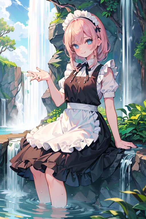 (Super best quality:1.6), (Highest quality:1.4), (Attention to detail:1.4), (Ultra-high resolution:1.6), (Detailed face), (Maid clothes, White apron, Headband, Black Dress, ribbon, Maid clothes, Classic, Long:1.4), (白と黒のMaid clothes), Blonde, Blue Eyes, Cat ear, cute, Small breasts, The best smile, Looks happy, Soaked from head to toe, (Water drips from the clothes:1.6), (Water Drop:1.6), (Soaked from head to toe:1.4), (全身にWater Drop:1.6), (Entering the water fully clothed:1.4), (全身からWater Dropが垂れる:1.6), (Big waterfall, Taki training), In the water, Deep River, Deep pond, Being struck by a waterfall, Waterfall basin, Waterlogged, (Bathing in a waterfall:1.6), (Bathing fully clothed), Bathing, Natural shower,