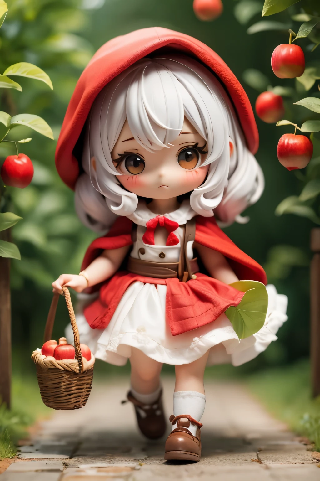 Chibi girl doll dressed up for adventure、Little Red Riding Hood Cosplay、Walking happily、Sing、Holding a basket of apples in his left hand、Forest Background
