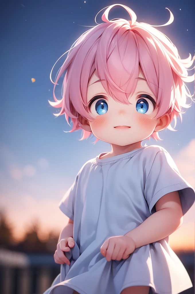 Beautiful little boy with blue eyes and pink hair the scenery of beautiful bright stars with blurred background he is holding a lollipop with his hands