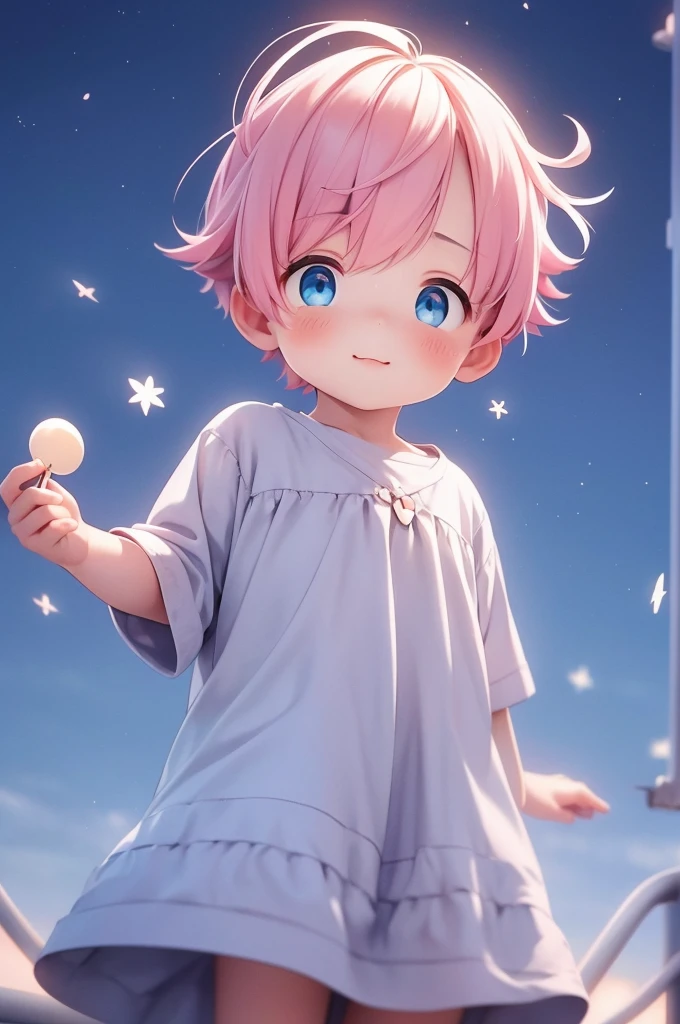 Beautiful little boy with blue eyes and pink hair the scenery of beautiful bright stars with blurred background he is holding a lollipop with his hands