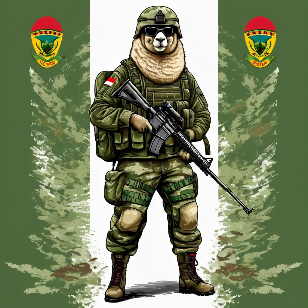 A muscular alpaca, in various combat poses, dressed in military uniform of green berets and dark green camouflage military pants, with military boots, helmet with camouflage, Akm rifle, illustration, text watermark signature (Atipiri), In the lower right part, a red and white Peruvian flag, ((flag of three vertical stripes, white in the middle, red on the sides))