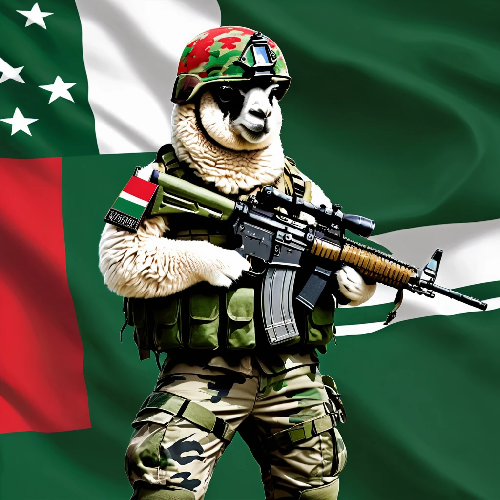 A muscular alpaca, in various combat poses, dressed in military uniform of green berets and dark green camouflage military pants, with military boots, helmet with camouflage, Akm rifle, illustration, text watermark signature (Atipiri), In the lower right part, a red and white Peruvian flag, ((flag of three vertical stripes, white in the middle, red on the sides))