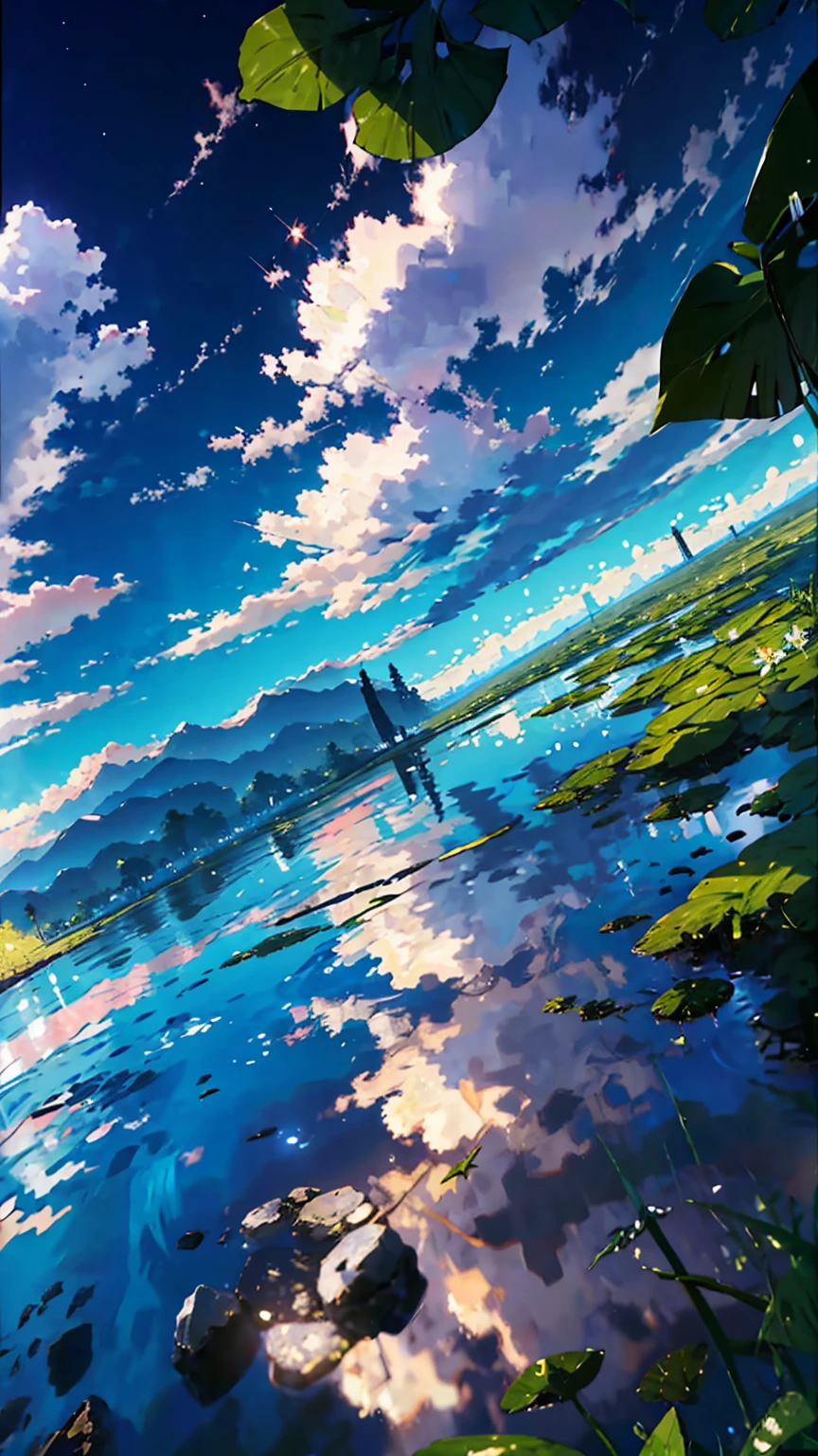 Summer, White Clouds, Runway: 1.2, Tree, Shooting Star, Small Waterhole, Reflection, Shady, Sunlight, Wide Angle, Best Quality, 8K, Perspective, Depth of Field, High Resolution, Fine Detail, Ultra Detail, Sharp Focus