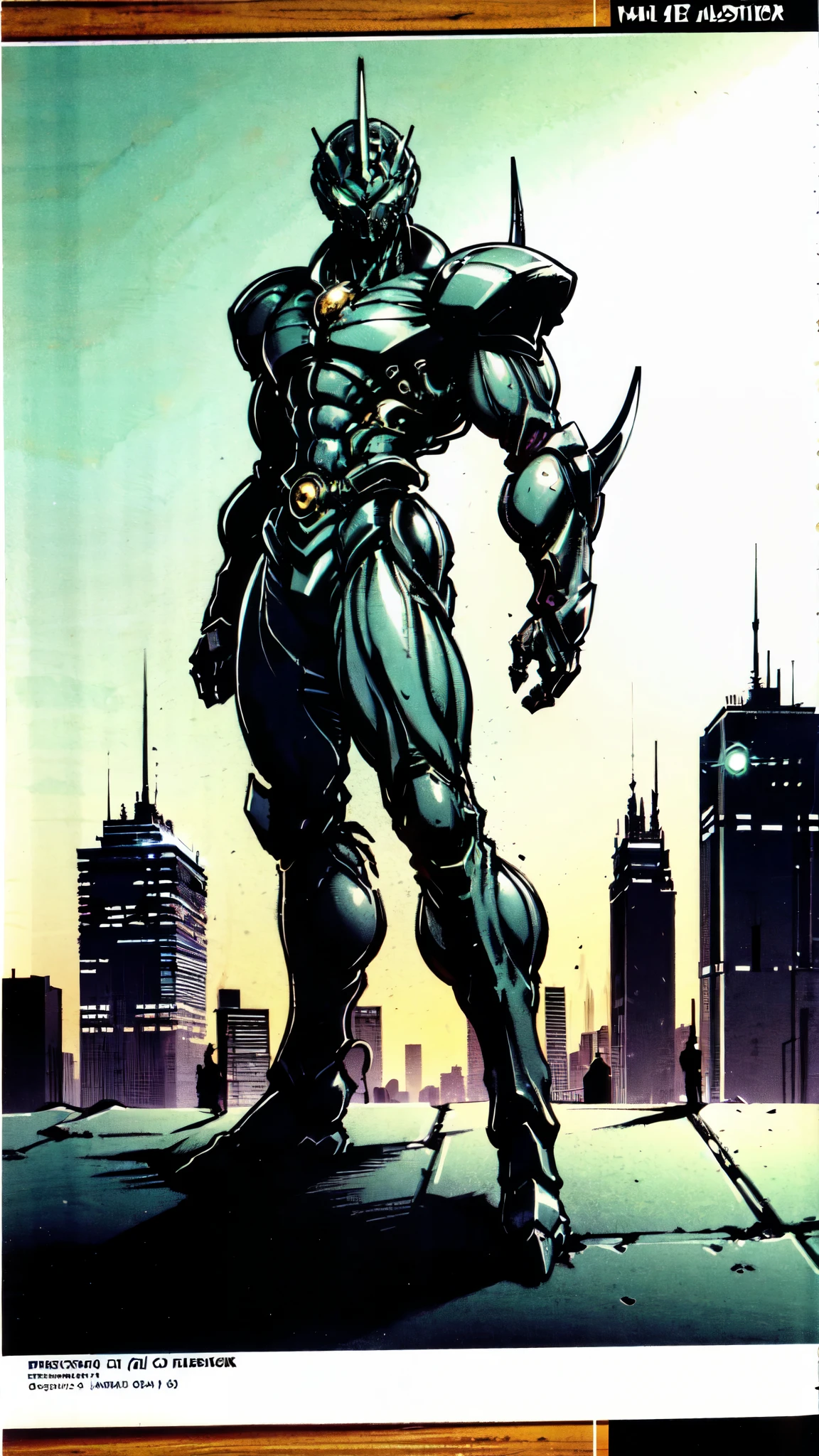 (masterpiece:1.5, best quality:1.5, extremely delicate:1.5, foreshortening:1.5, dynamic angle:1.5), a man wearing a full-face helmet, a fantasy-style biotech armored combat suit, green eyes, (a composite layered chest armor), fully enclosed shoulder guards, matching arm and leg guards, the belt is adorned with neon circuitry, (the color scheme is primarily white with black green accents), the design balances heavy with agility, a high-tech bio-mecha armor, (Armor Concept Inspired by neon Cyberpunk, stand on the top of a skyscraper in a futuristic sci-fi city), this character embodies a finely crafted fantasy-surreal style armored hero in anime style, exquisite and mature manga art style, (element, plasma, energy, the armor glows), ((male:1.5)), metallic, high definition, highres, ultra-detailed, ultra-fine painting, professional, perfect body proportions, golden ratio, anatomically correct, symmetrical face, extremely detailed eyes and face, high quality eyes, creativity, RAW photo, UHD, 32k, Natural light, cinematic lighting, masterpiece-anatomy-perfect