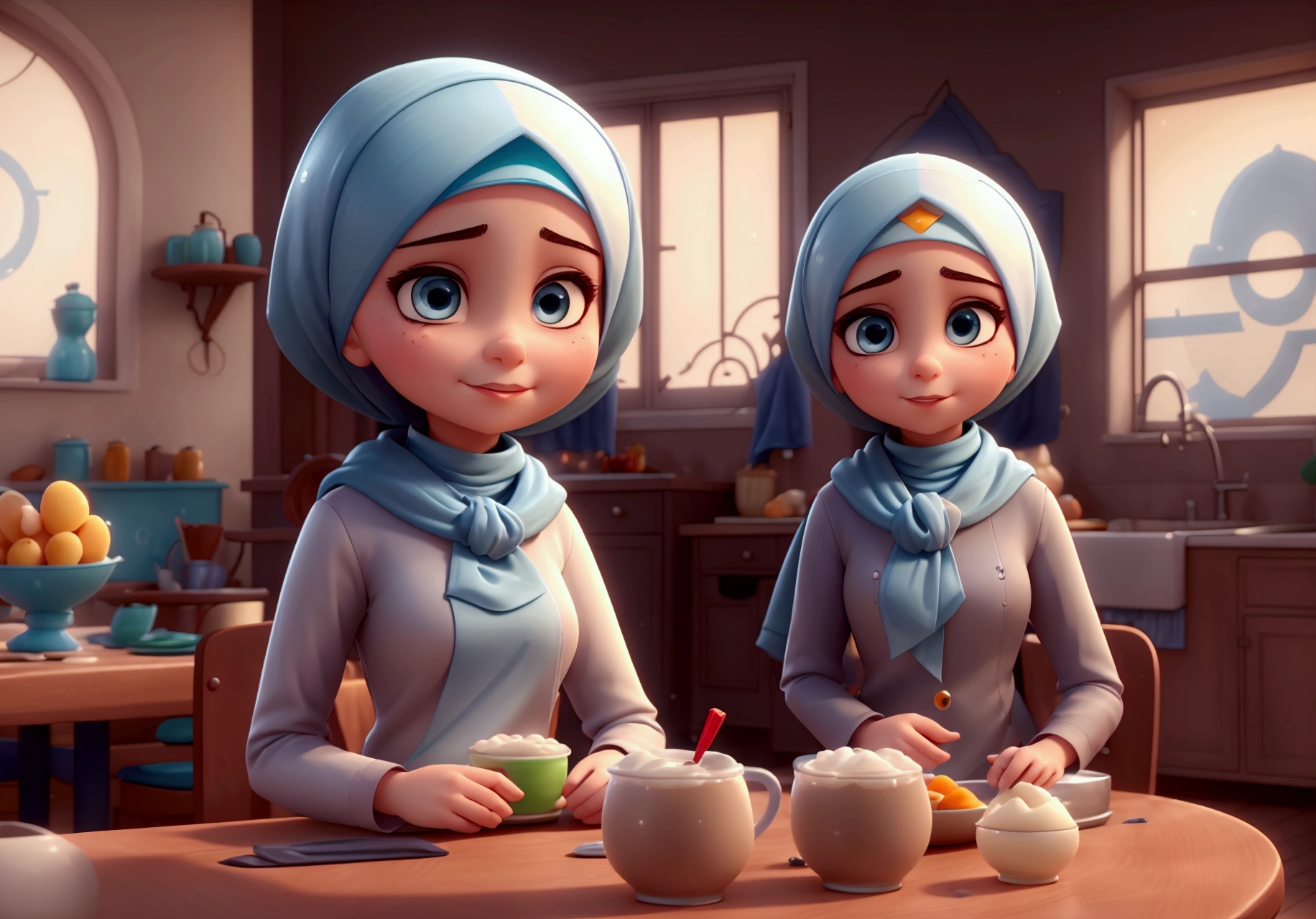 All the decor is modern and beautiful. A beautiful girl with a modern Islamic hijab tied to her neck. A character alone in the kitchen with no one else with her. A cartoon in the Disney Pixar style. She eats a cup of milk tea and two fried eggs in the morning.