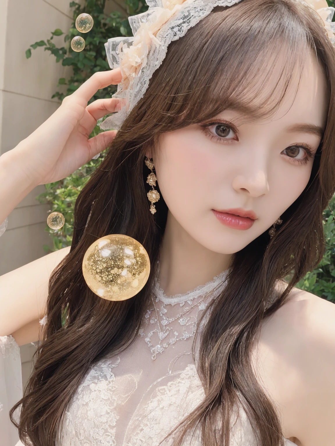 Highest quality,masterpiece,8K,Attention to detail,Ultra-realistic,Ultra-high resolution,Sexy Lace Queen,Bathed in champagne bubbles,Beautiful Face,Height: 170cm,Beautiful bubbles