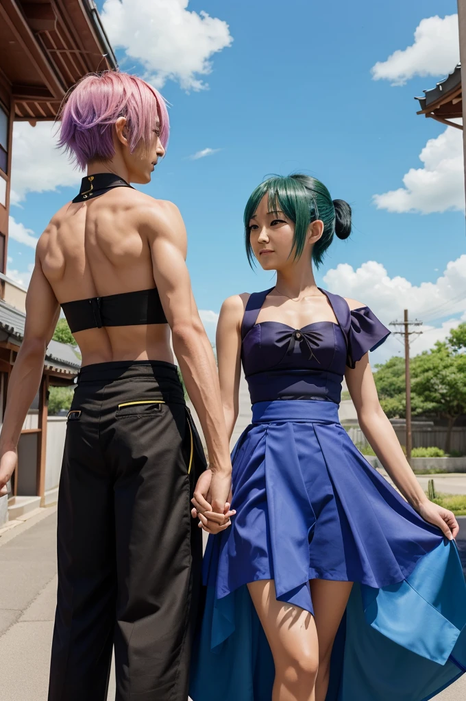 Ryomen sukuna and shinobu kocho, 1 boy and 1 girl, bright blue sky, green greshh background, Shinobu kocho holding hands Royomen sukuna and Shinobu kocho looking at each other