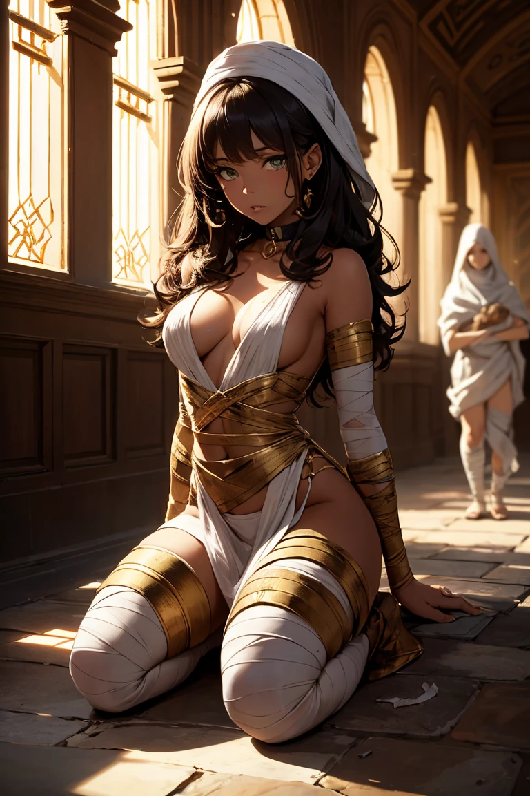 sfw, full body image, 1 black girl, big green eyes, (small breasts:1.2), Brown leather, tanned, golden choker with an ankh, wide view, Chapped lips, full lips, short wavy hair, half hair, ((dressed in bandages like a mummy)) , messy fur, Very detailed, soft tones, extreme detail, No background, (Detailed textures:1.1), dramatic light, surprised expression, high depth of field. She wakes up startled inside a sarcophagus and sits up startled, It is in a palace in Egypt, There are a couple of priests prostrate on the ground worshiping her