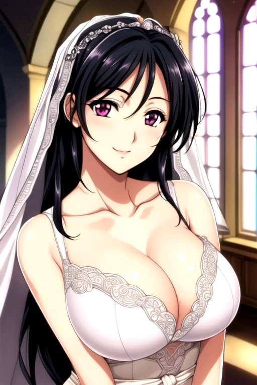 Good, underwear, church, bride, Good, underwear, lace,veil, Black Hair, bow, Weaving,Long hair,Purple Eyes,1 girl, 20 years old,Young women,beautiful Finger,beautiful long legs,beautiful Body,beautiful Nose,beautiful character design, Perfect eyes, perfect Face,Expressive eyes, Looking at the audience, In the center of the image,(superior_Body),(Focus on her Face), Official Art,Extremely detailed CG unity 8k wallpaper, Perfect lighting,rich and colorful, bright_front_Face_light,Glowing skin, (masterpiece:1.0),(the best_quality:1.0), 超high resolution,4K,Extremely detailed, photography, 8K, Human Development Report, high resolution, absurd:1.2, Kodak Portra 400, Film Grain, Blurred background, Bokeh:1.2, lens flare, (Energetic_color:1.2) (beautiful_breast:1.3), (beautiful_Face:1.5),(narrow_waist), smile, happy