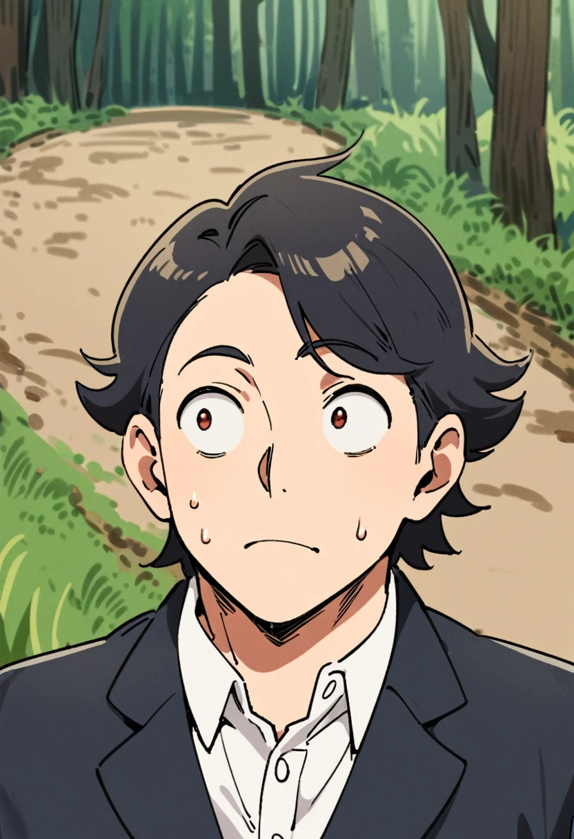 a forest, dirt road, madrugada, 1 male adult, Bblack hair, Eyes red, wearing a black blazer and a white shirt inside, black pants and brown shoes, facefocus, confused expression