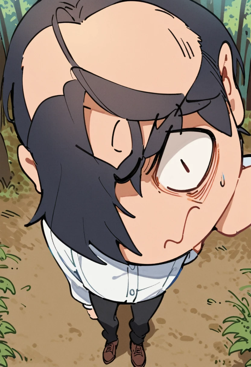 a forest, dirt road, madrugada, 1 male adult, Bblack hair, Eyes red, wearing a black blazer and a white shirt inside, black pants and brown shoes,  facefocus, confused expression 