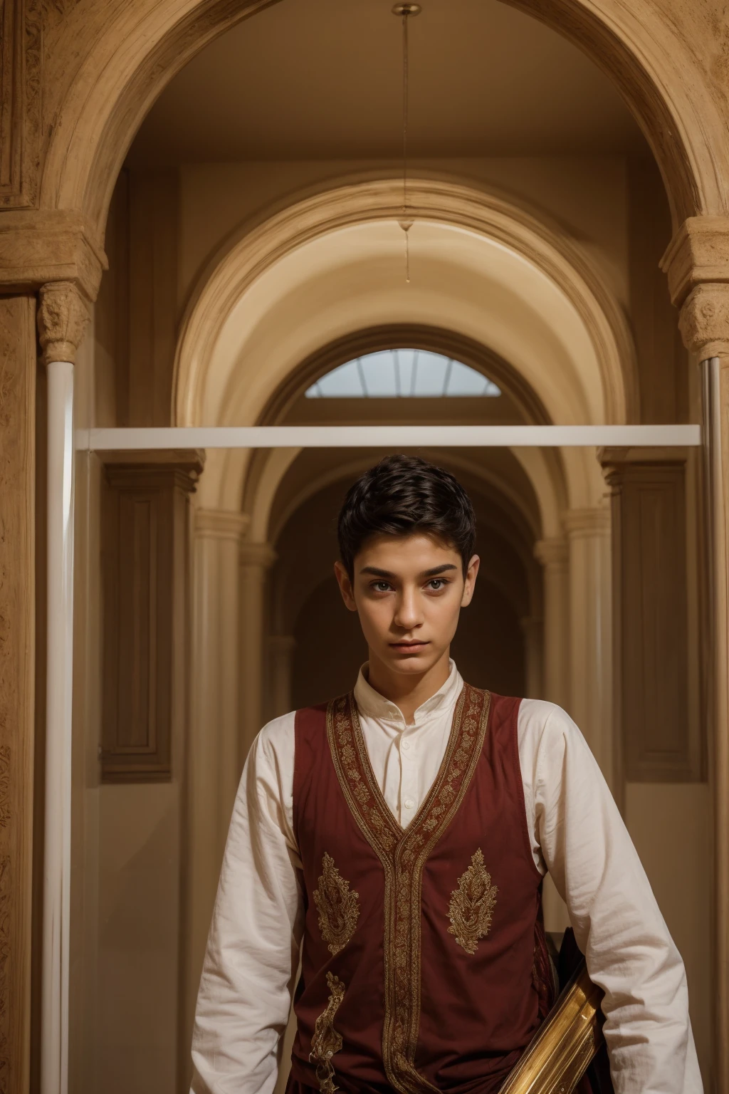 A cute, beautiful twink male with black hair and a red face with makeup. He is wearing a long-sleeved white shirt and brown pants. He is a leader. He is in the Antiquities Museum. He is carrying his golden sword and is looking in amazement.