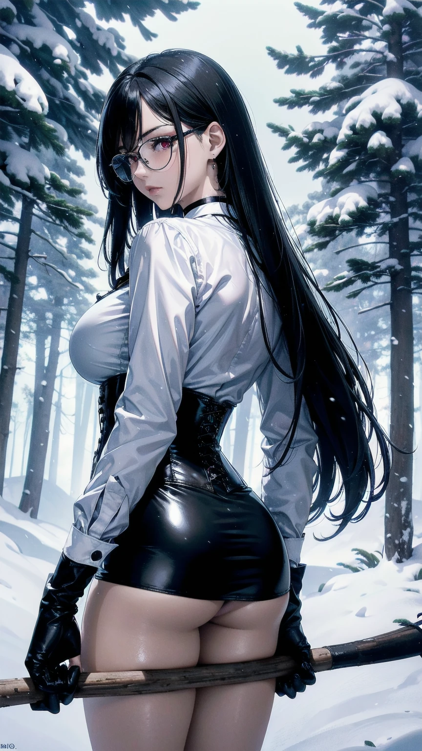 Masterpiece, Superior image quality, high resolution, 4k image,photo and gross, photorealistic, 1 young man of 15 years, view from behind, perfect ass, {alone},{{{vagina}}}, big breasts, beautiful face, long black hair, Red eyes, very detailed eyes, pink cheeks, shy expression, glasses, choker:1.6, (white collar button down long sleeve shirt), black gloves, gloves that cover hands, (holding an ax in the right hand), (black leather corset), (shiny black tight mini skirt), Sensual Lips , evening de invierno, show details in the eyes, View from the front, looking at the viewer, snowy trail, Snowy forest, evening, Atmosphere, snow
