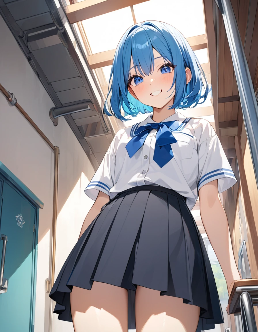 (Highest qualityのイラスト:1.2), (pretty girl:1.1), (1 girl、17 years old、Highest qualityのイラスト:1.2), (1 girl、smile、slightly bigger eyes)、Bright blue hair、Short Bob Hair、(Highest quality、Very detailed、Very detailed and beautiful、Ultra-high resolution) 、,{White shirt、Blue ribbon tie、Grey pleated skirt}, from below、School stairs